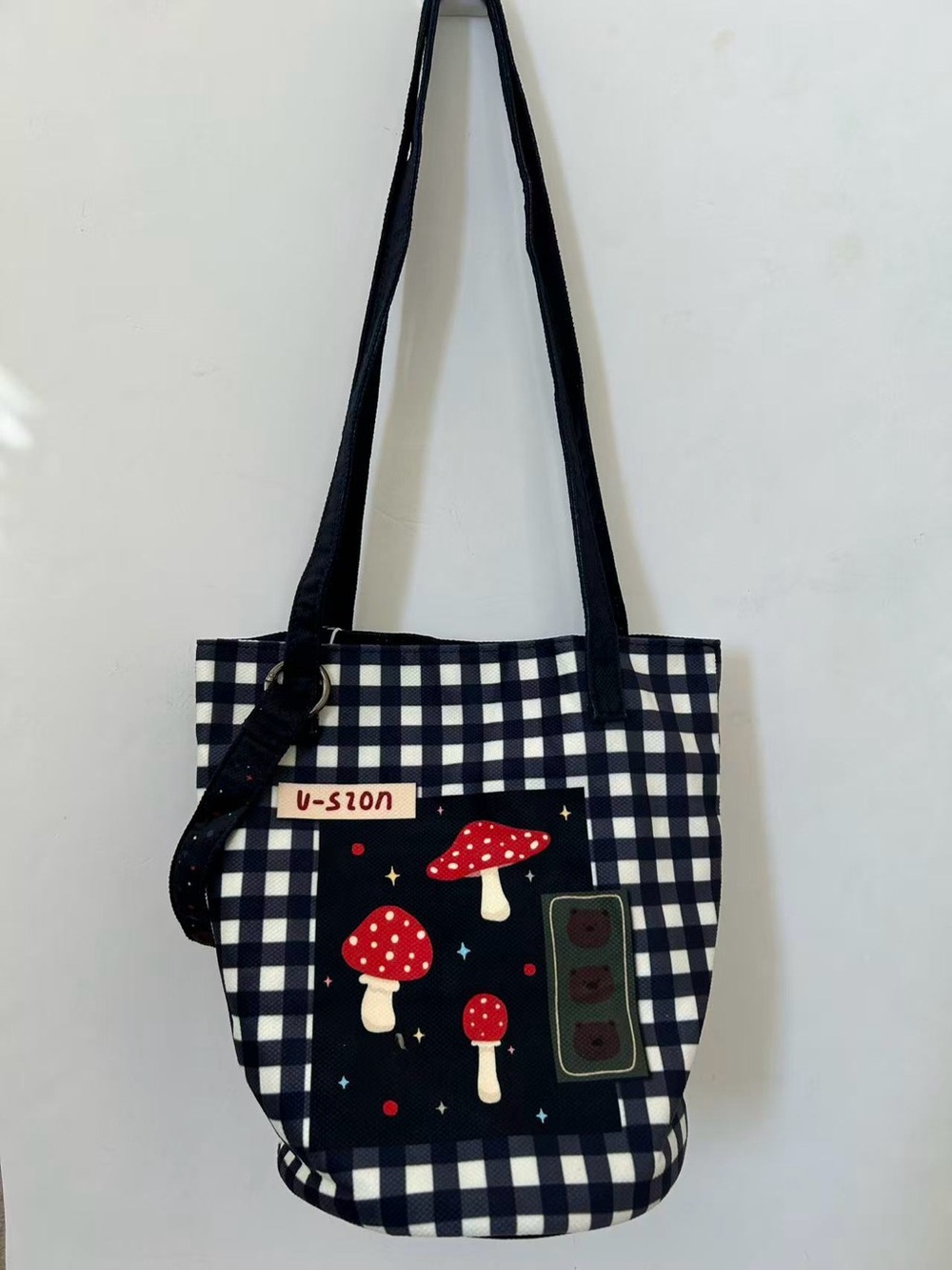 Checked Navy Mushroom Canvas Tote Bag